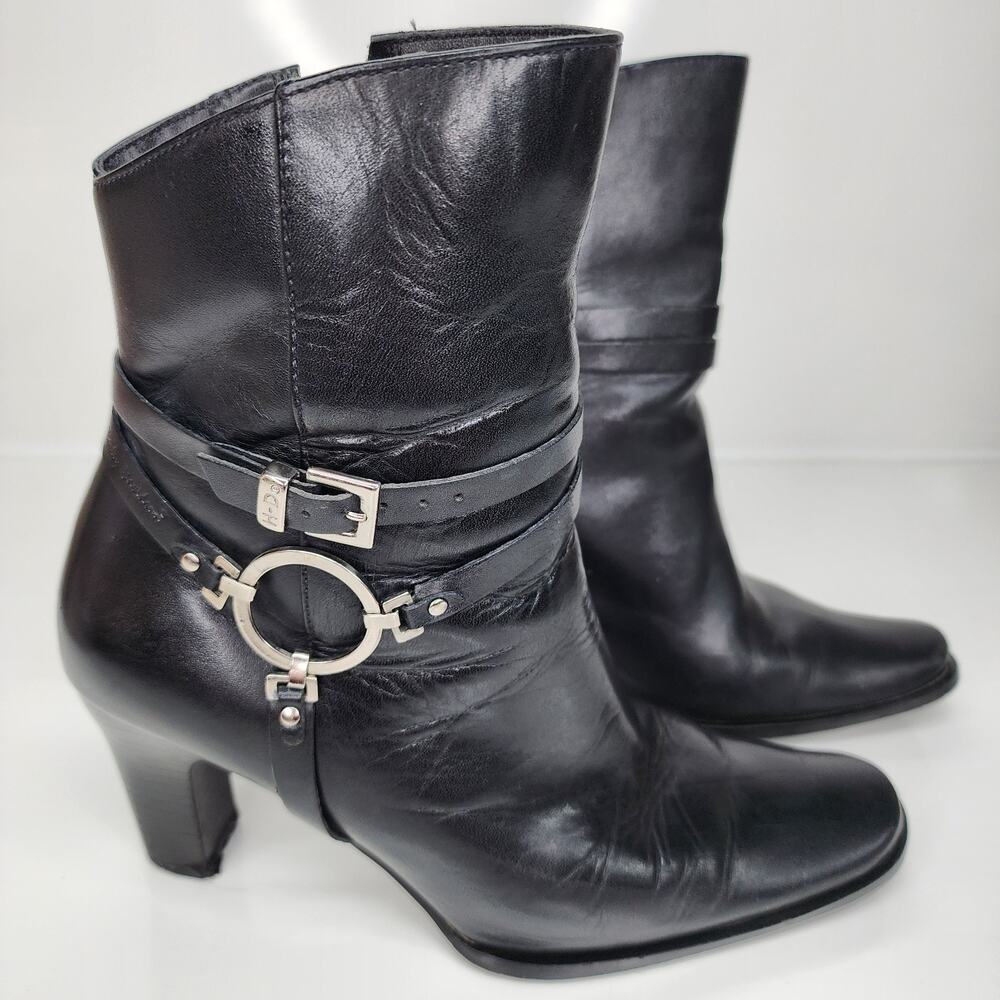 Harley-Davidson Women Sz 6 Black Leather Zipper Ankle Boots 3.5" Heeled 84333